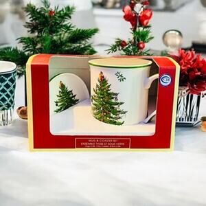 Spode Christmas Tree Mug & Coaster Set-New in Box-Holiday-Ceramic Tea Coffee